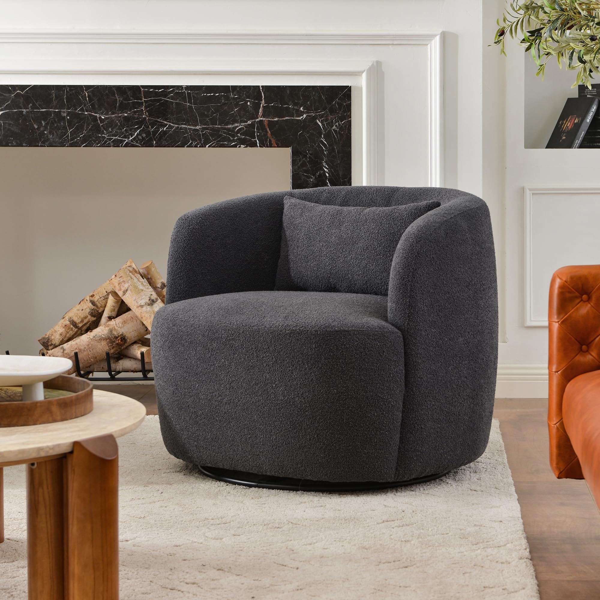 KINWELL 34" Wide Boucle Swivel Barrel Chair, No Assembly Round Upholstered Armchair Accent Chair Single Sofa Chair with Toss Pillow for Living Room