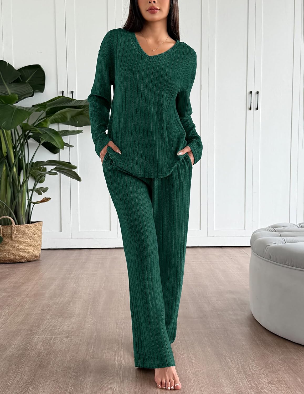 Ekouaer Lounge Sets for Women Long Sleeve Knit Ribbed Pajama Sets 2 Piece Casual Loungewear with Pockets - Image 2