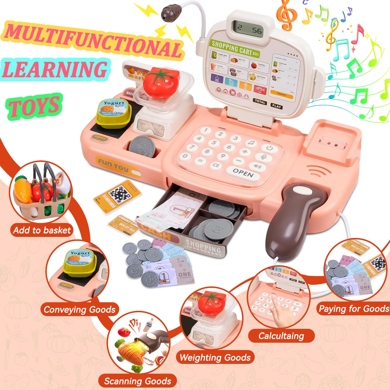 Jouet Caisse Enregistreuse pour Enfants avec Scanner et Son, Caisse de Magasin Jouet, 72 Accessoires (Calculatrice, POS, Argent Fictif, etc.) & Musique, Jeu de Rôle pour Garçon Fille de 3+ Ans