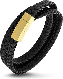 555Jewelry Stainless Steel Braided Double Wrap Leather Twist Rope Chain Cord Adjustable Magnetic Clasp Simple Men Women Unisex Fashion Jewelry Accessory Bangle Bracelet, Black & Yellow Gold 7.5 Inch