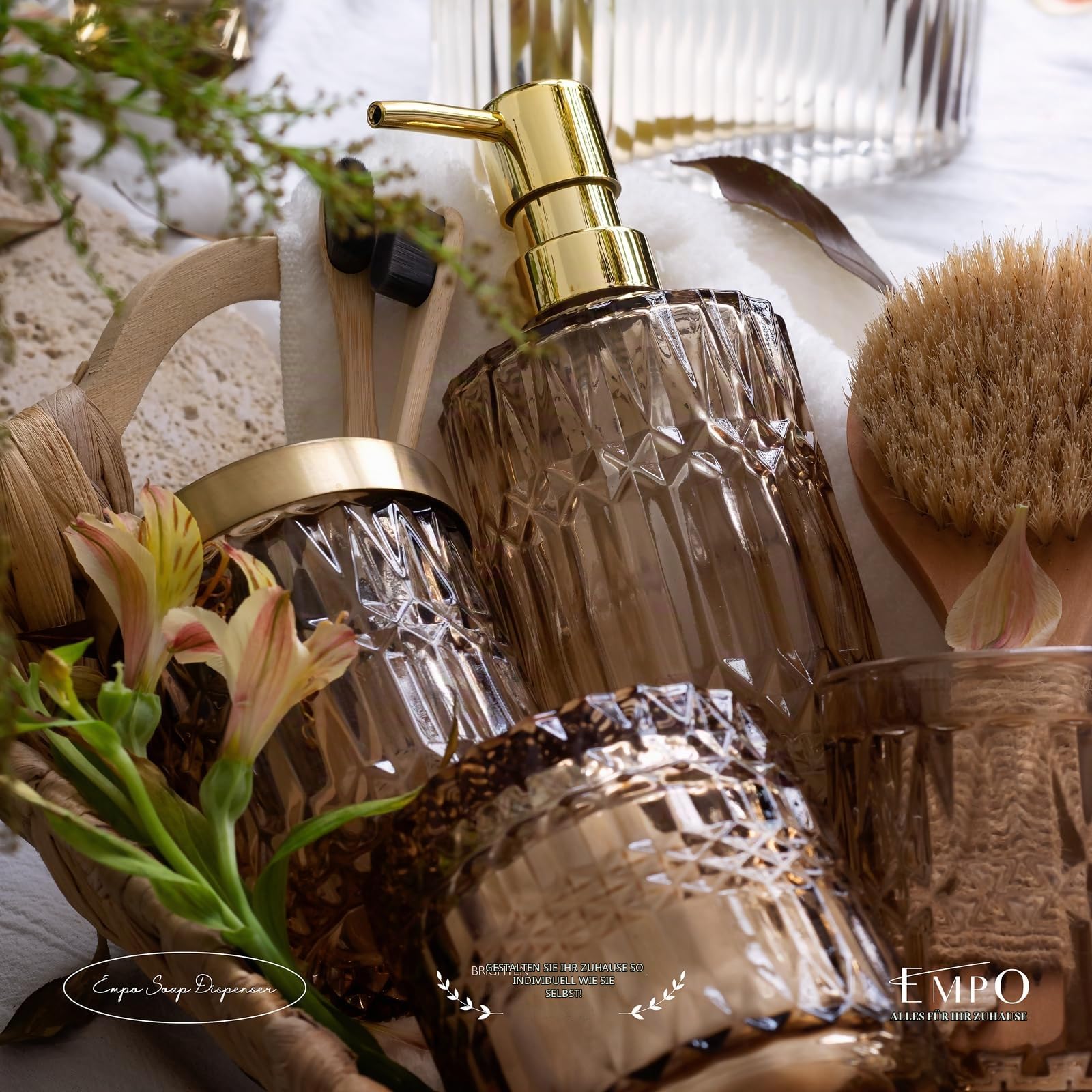 EMPO 6-teiliges Badezimmer-Zubehör-Set aus klarem Glas (Lotion-Seifenspender, Seifenschale, Zahnbürstenhalter, Becher, Wattestäbchen-Glas), Moderne Dekoration, Kristall-Vintage-Geschenk (Braun)