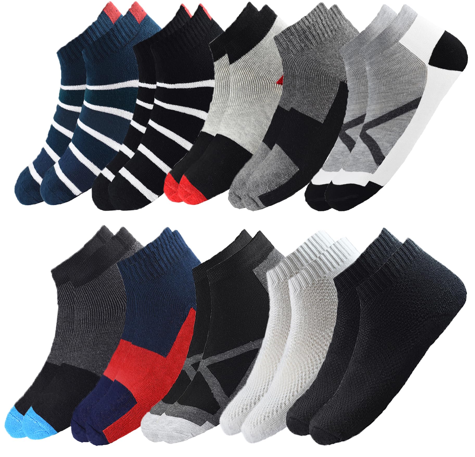 hicode Men's Athletic Ankle Socks, 10 Pairs, Striped and Colour Block Design, Navy Blue Grey Black White-picture-38