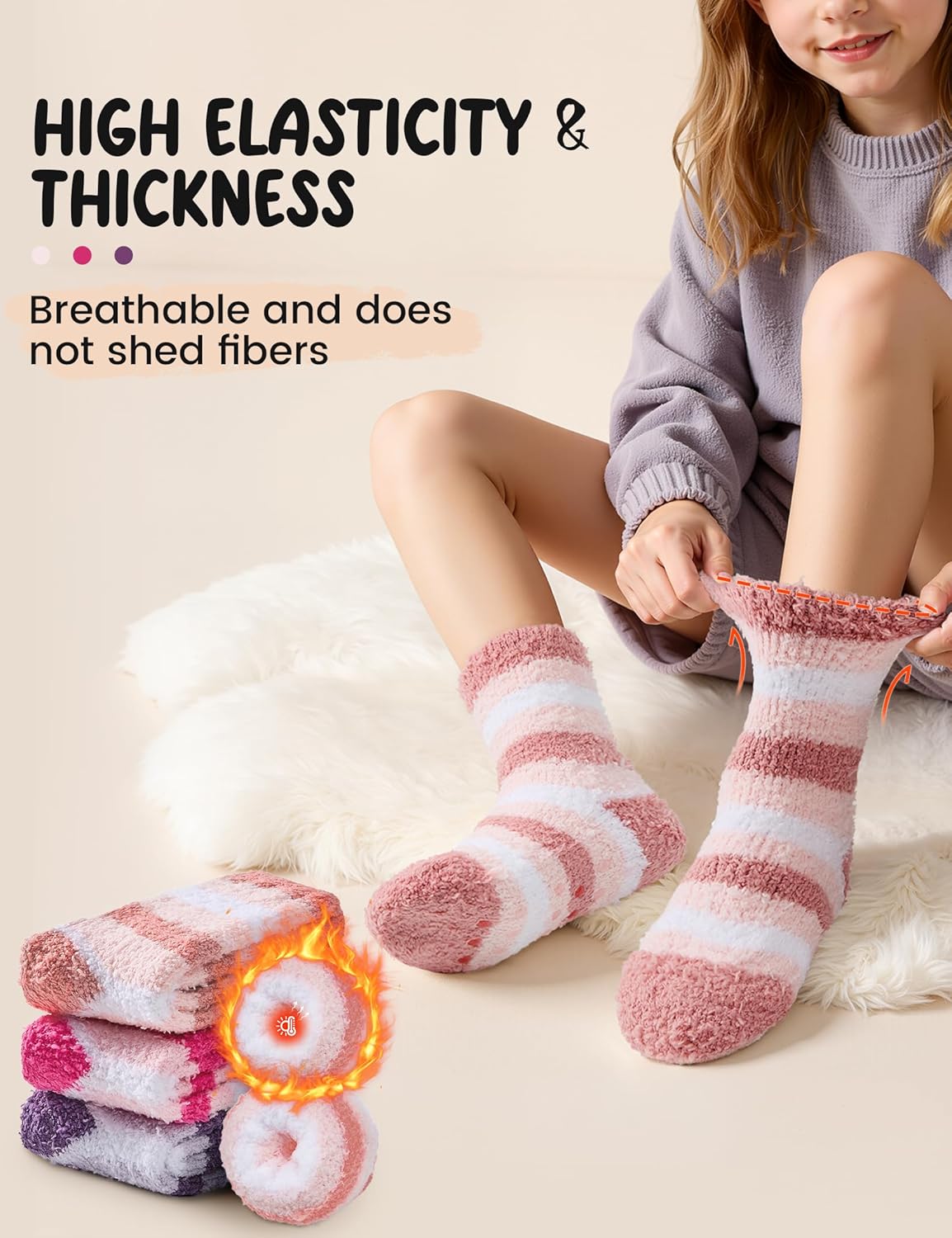 Durio Kids Fuzzy Slipper Socks with Non-Slip Grips - 3 Pairs Cozy Warm Crew Sock for Boys Girls, Soft Toddler Winter Socks - Image 5
