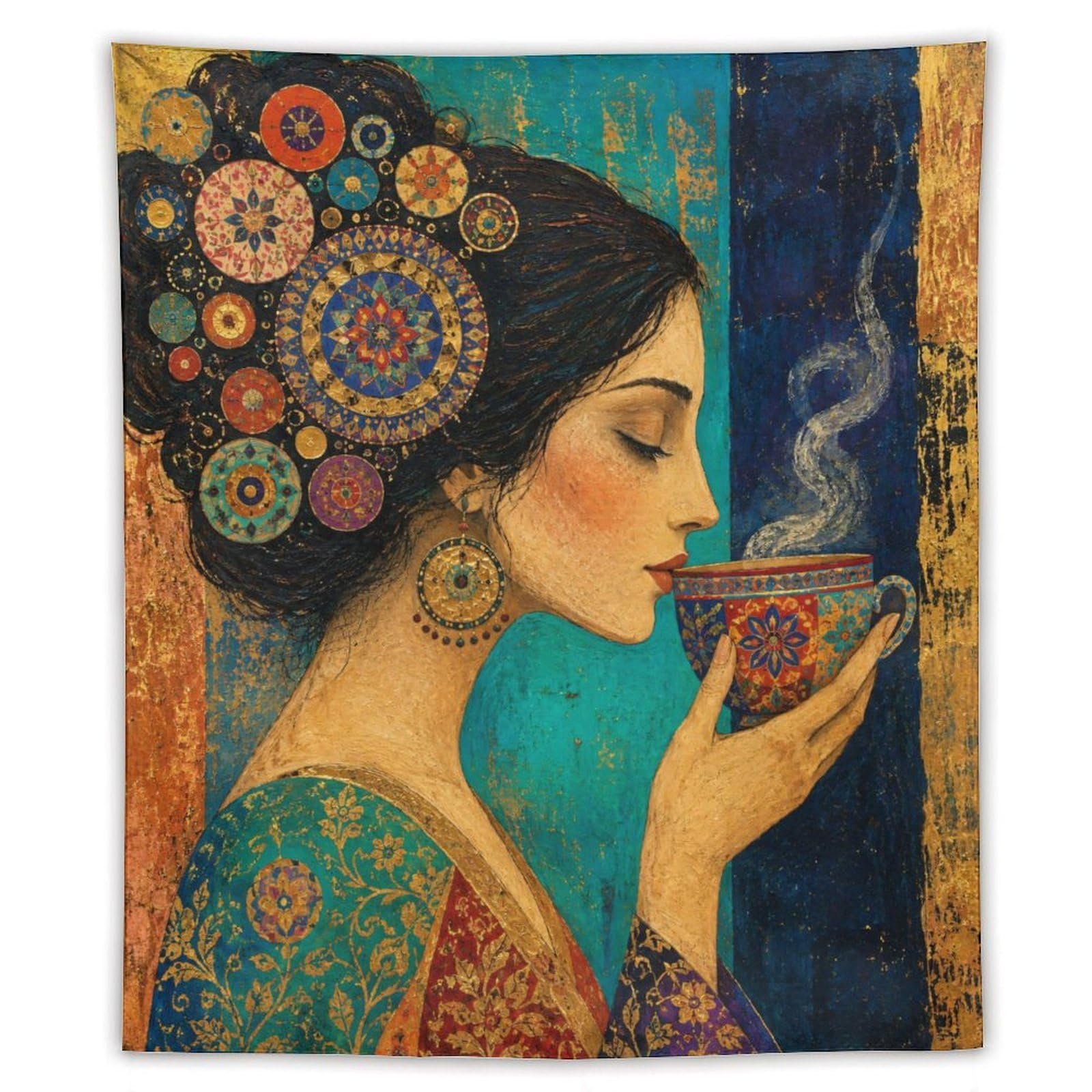 W7C8U2X3 Woman with Floral Hair Wall Tapestry, Art Nouveau Style, Dorm Room