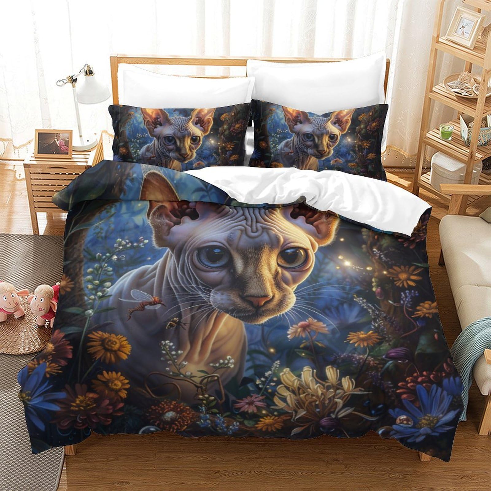 Housse de couette chat 3D sans repassage en microfibre pour grand lit 3 pièces avec zip enfants