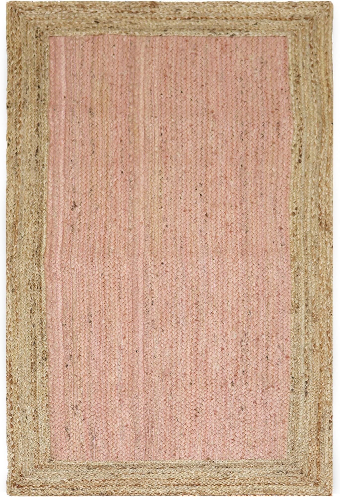 Flatweave Jute Area Rug 5x8 Ft – Handmade 0.27" Thick Natural Fiber Carpet, Pink & Beige Border Chevron Design for Dining Room, Kids Room, Yoga and Home Decor