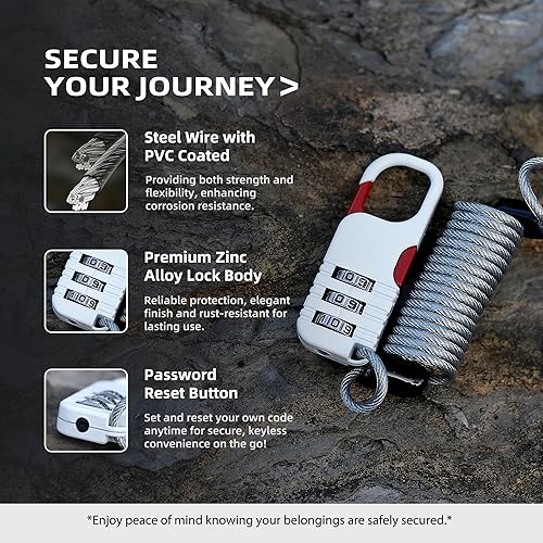 Miniatura 3 de Cable de bloqueo de esquí retráctil, cerraduras de viaje de cable pequeño con combinación, combinación de mini candado, para equipaje, maletas,