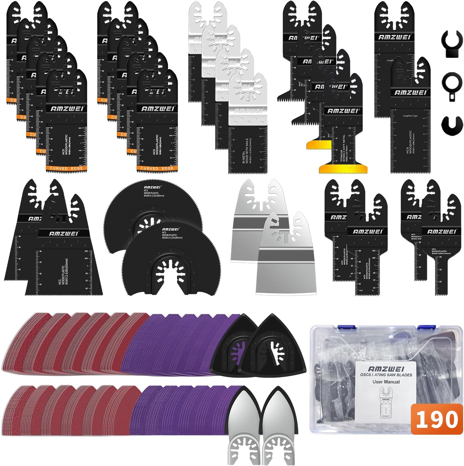 AMZWEI 190 Metal Wood Oscillating Tool Blade, Titanium Oscillating Saw Blades with Sandpaper, Quick Release Multi Tool Blades Kits Compatible with Dewalt Ryobi Milwaukee Rockwell Fein Makita