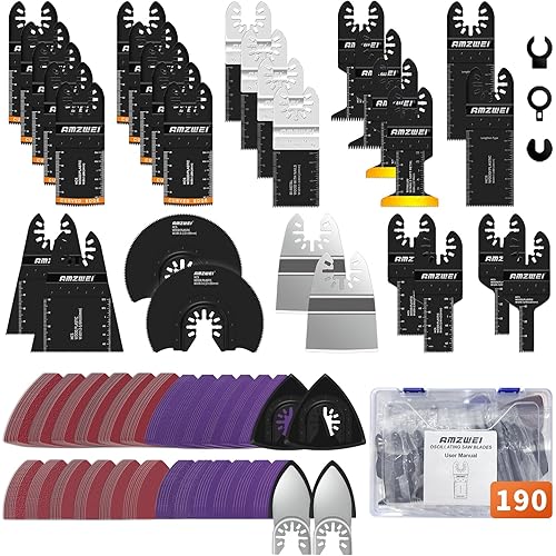 190 Metal Wood Oscillating Tool Blade, Titanium Oscillating Saw Blades with Sandpaper, Quick Release Multi Tool Blades Kits Compatible with Dewalt Ryobi Milwaukee Rockwell Fein Makita