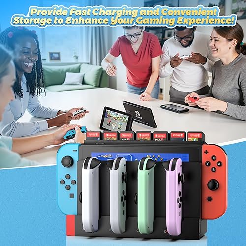 Miniatura 7 de FastSnail Cargador compatible con Nintendo Switch para Joy con, base de estación de carga y soporte de almacenamiento para tarjetas de juego con 28