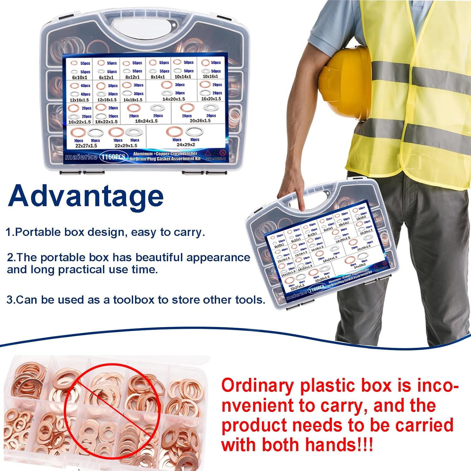 1160PCS Crush Washer Oil Drain Plug,18 Sizes Copper and Aluminum Oil Drain Plug Gasket Assortment,Automotive Engine Crush Washers (M6 M8 M10 M12 M14 M16 M18 M20 M22 M24)