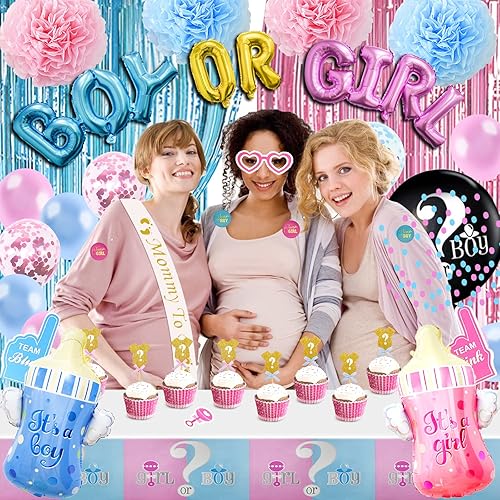 Miniatura 4 de Kit de decoración de revelación de género de 124 piezas, suministros de fiesta con globo de 36 pulgadas, globo de aluminio para niño o niña,
