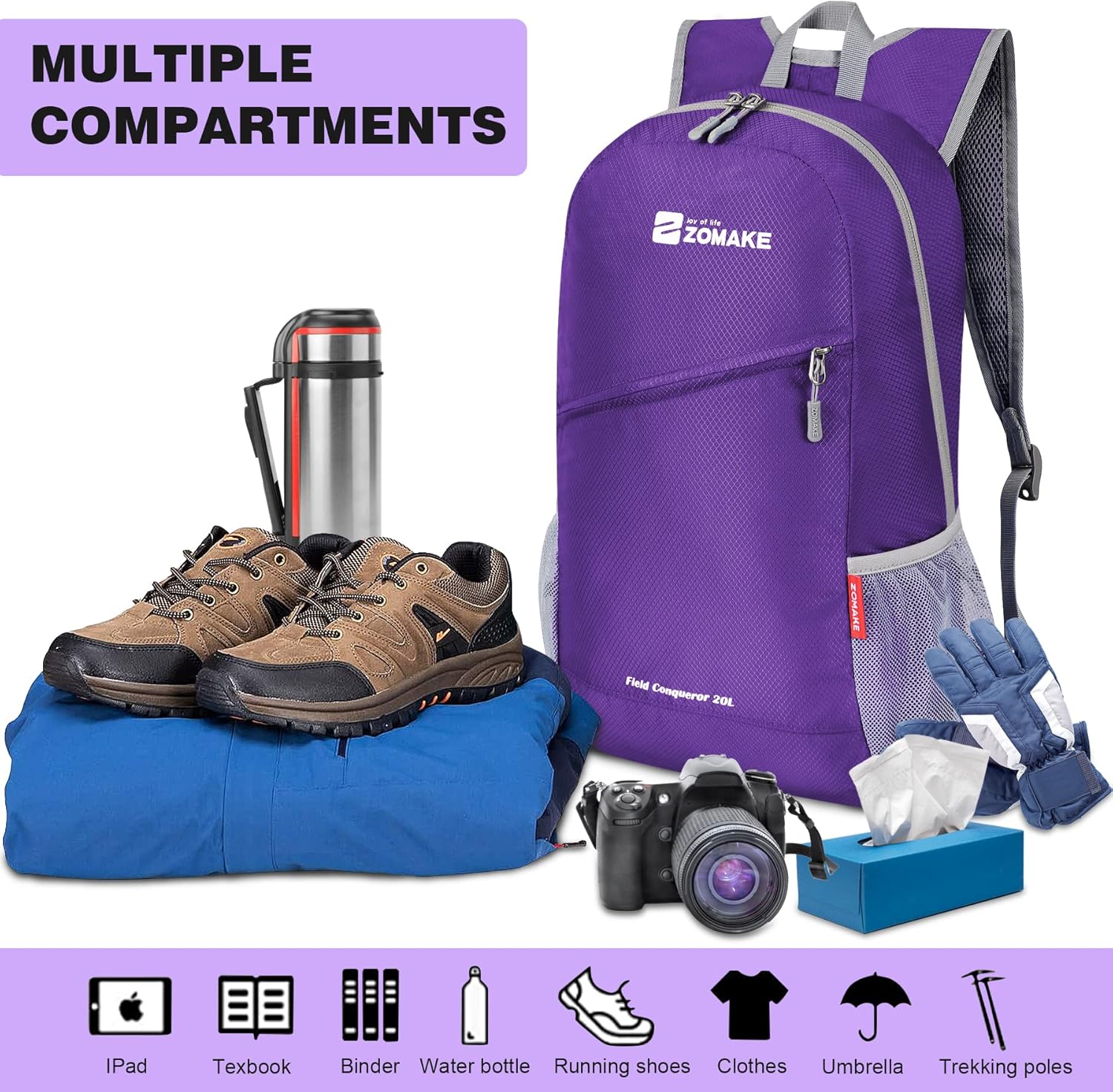 ZOMAKE Lightweight Packable Backpack 20L - Foldable Backpack Small Daypack Hiking Backpack Water-Resistant Day Bag for Travel(Purple) - Image 3