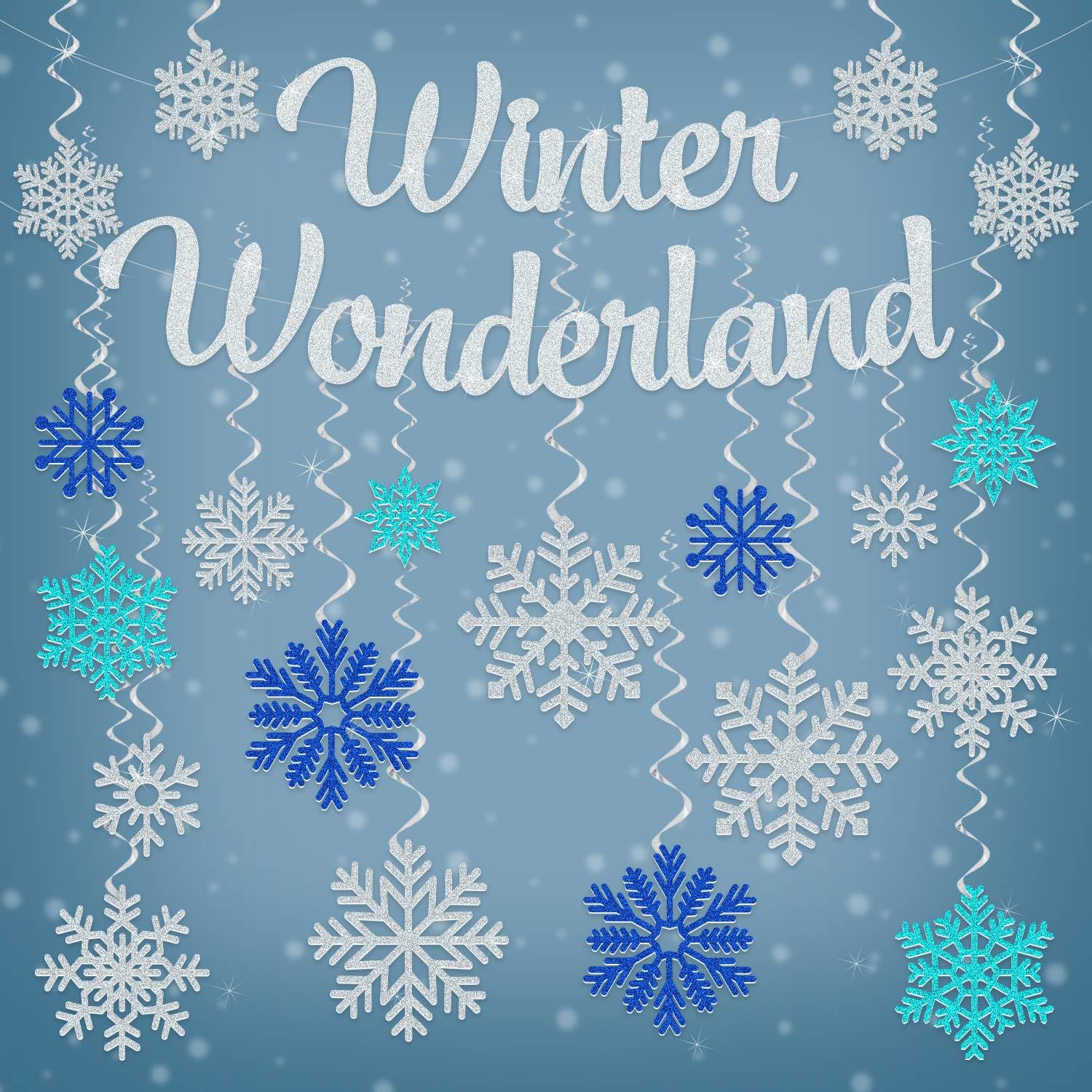 Winter Wonderland Decorations, Winter Wonderland Party Decorations Include No DIY Glittery Winter Wonderland Banner and 20pcs Snowflake Hanging Swirls, Winter Holiday Decorations