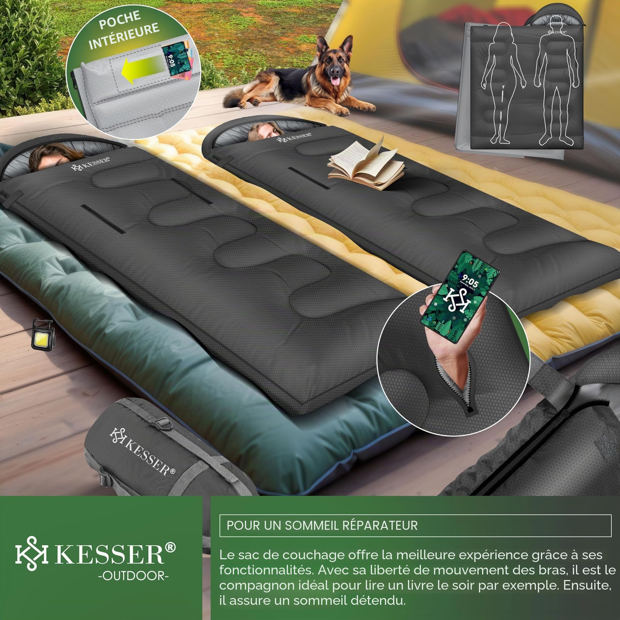 KESSER® Sac de couchage d'extérieur | Sac de couchage couverture 3-4 saisons | Sac de couchage de camping pour adultes et enfants | Léger et portable, chaud et imperméable avec lampe de camping et