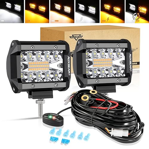 Auxbeam 4 Inch LED Driving Pods, 120W 12000LM Spot Flood Combo Triple Row Off Road Light Bar, 6 Modes Dual Color Amber White Auxiliary Flashing Fog Light for Trucks SUV ATV UTV Jeep, 2PCS
