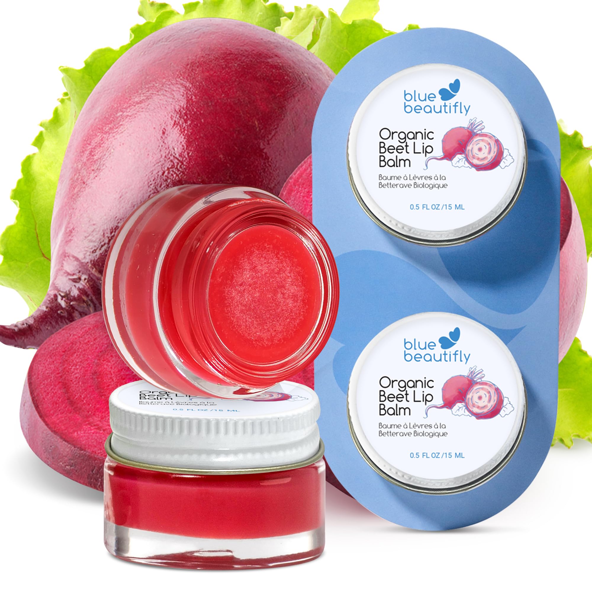 Blue Beautifly Beet-Infused USDA Certified Organic Lip Balm - Hydrates and Moisturizes Chapped & Dry Lips - Tinted Lip Gloss with Peppermint Oil - Rich in Vitamin E & Jojoba Oil - 0.5 fl oz X 2 Pack