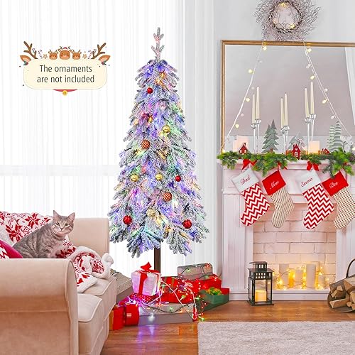 Miniatura 8 de GOFLAME Árbol de Navidad preiluminado de 6 pies, árbol de Navidad artificial con 458 puntas de rama, 220 luces LED blancas cálidas y multicolor, 11