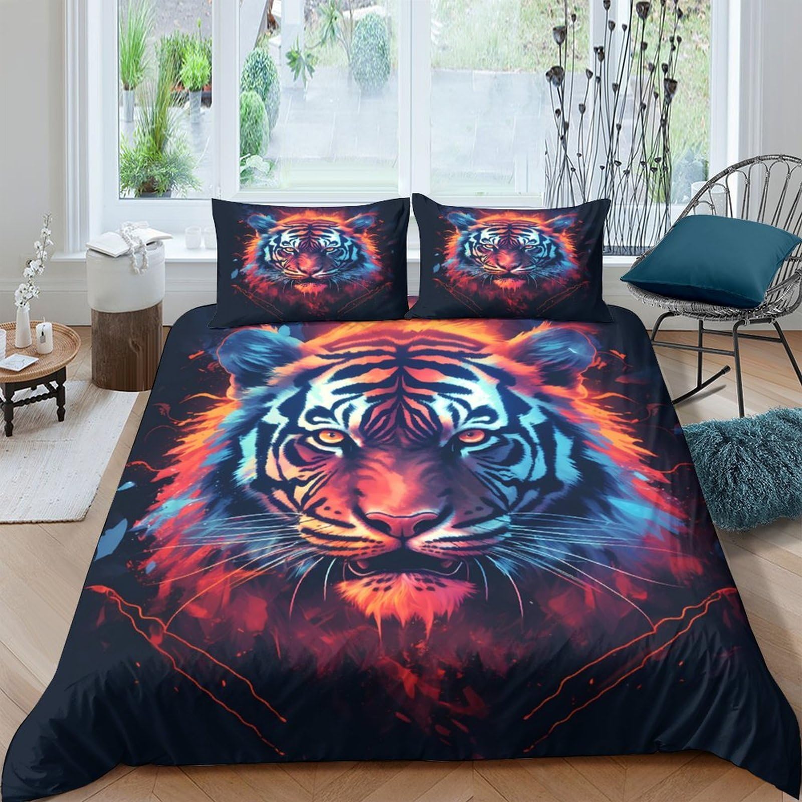 Ctjqhvkz Style-4 3D Printed Vibrant Tiger Fitted Sheet Microfiber Soft Breathable Neon Jungle Bed Cover For Bedroom Dorm Mattress Protection Decor Single（135X200cm）