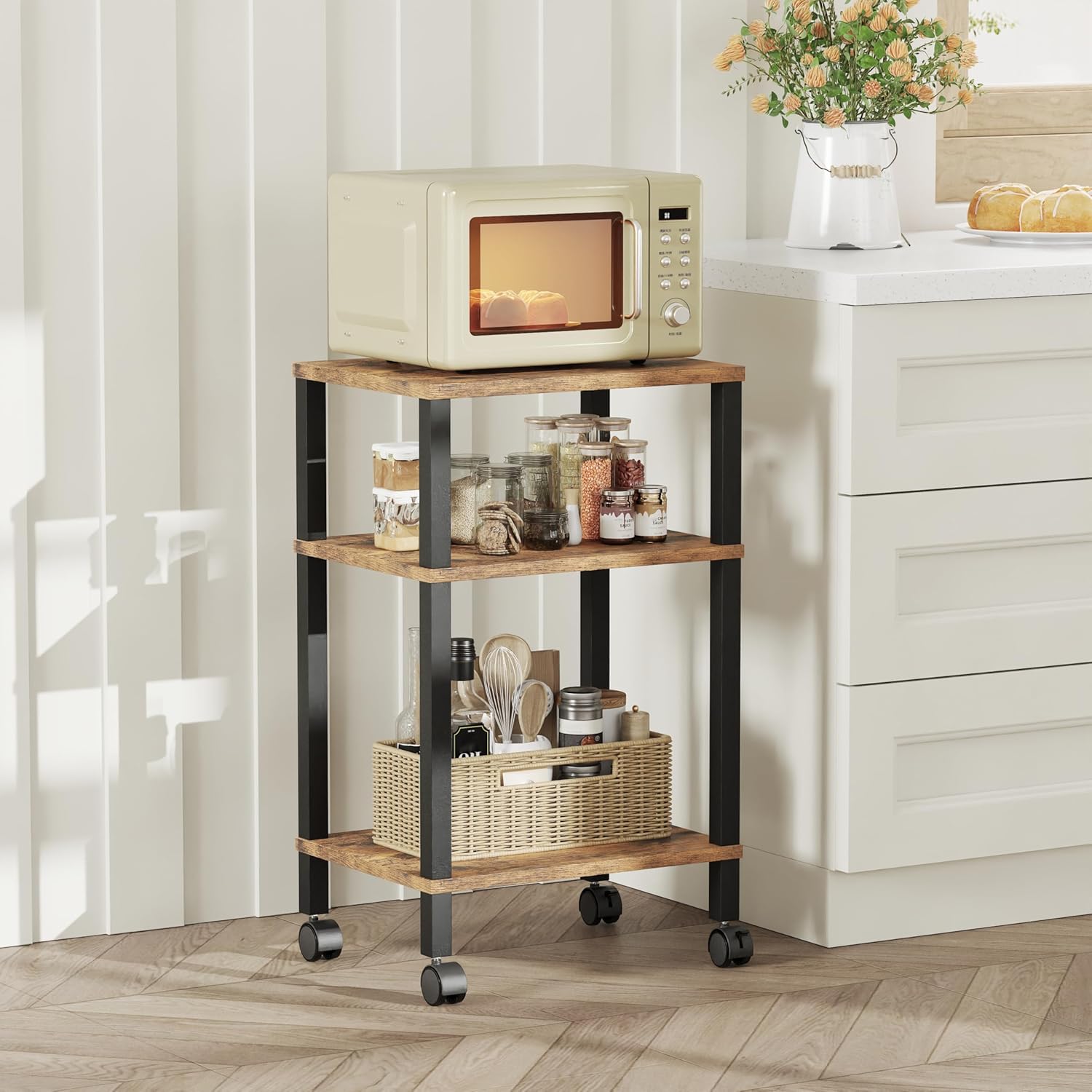 3-Tier Printer Stand with Storage, Mobile Printer Cart with Rolling Casters & Adjustable Feet, Under Desk Storage Shelf for Home Office, Rustic Brown, 15.7" x 11.8" x 25.9"