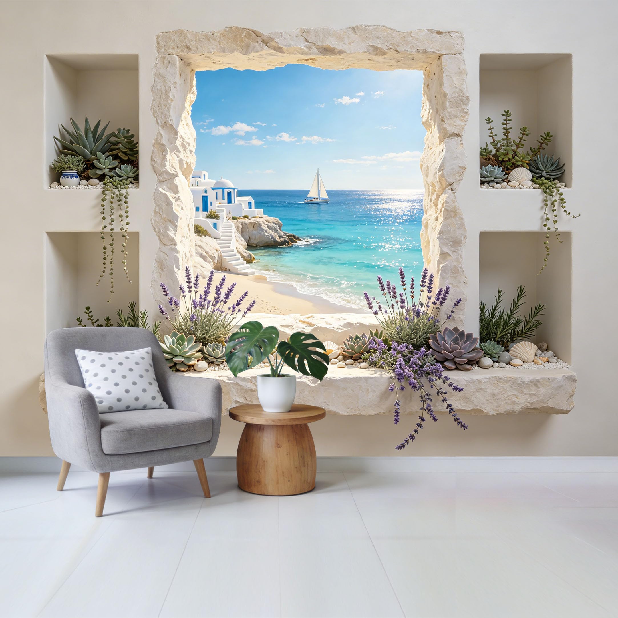 Custom Size Wall Mural Coastal Mediterranean Seaside View Sailboat White Stone Window Ocean Landscape Removable Self Adhesive Fabric Home Wall Decor for Living Room Bedroom Bathroom