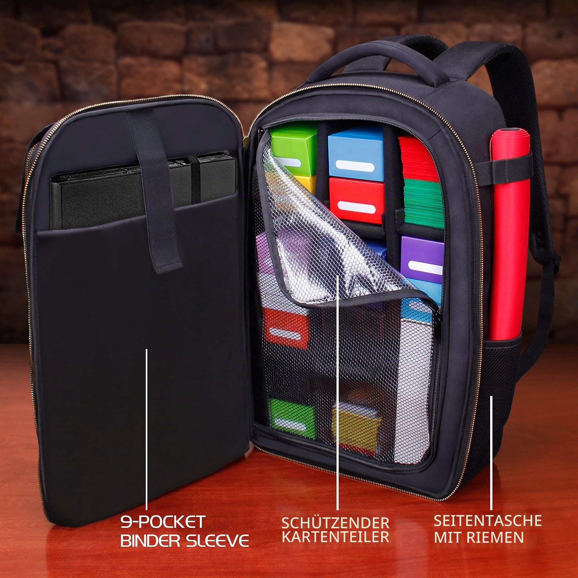 Enhance MTG Rucksack – TCG-Rucksack für Deckboxen, gesleevte Karten, Spielmatten, MTG-Zubehör – anpassbare Kartenorganisation mit integriertem Card Defender Screen (Schwarz)