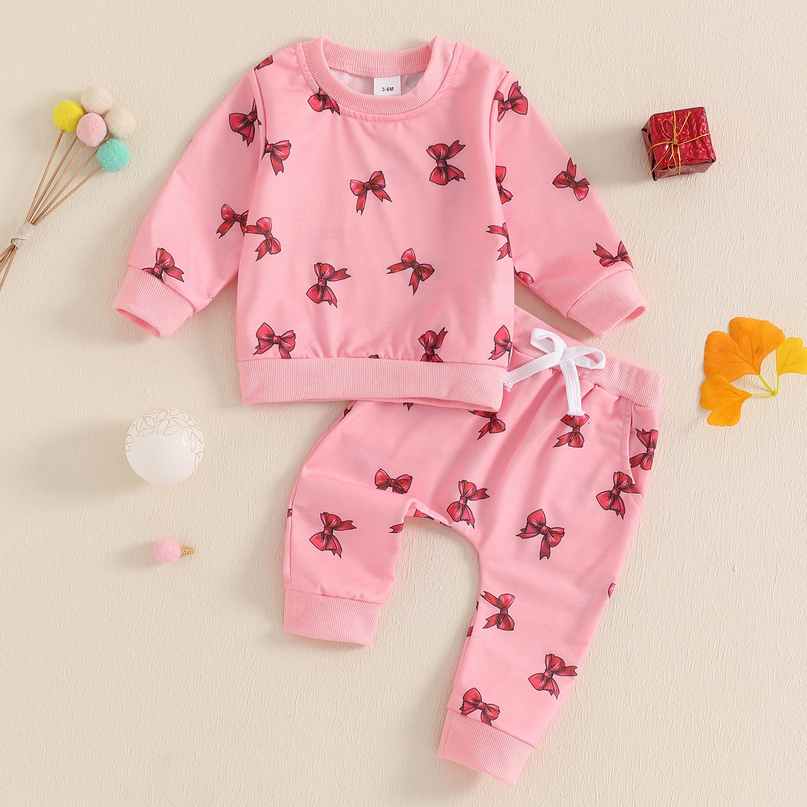 FIOMVA Valentine'sDay Outfit Toddler Baby Girl Boy 0 3 6 9 12 18 24Months 2t 3t Clothes Heart Sweatshirt Top+Pants Set Gift (Bow Pink, 2-3T)