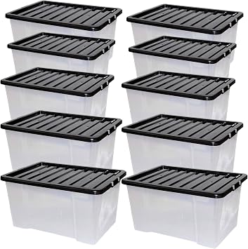 Easy Shopping 50 Litre Large Size Strong Stackable Plastic Clear Storage Box Set Container with Lid Made In U.K. 10