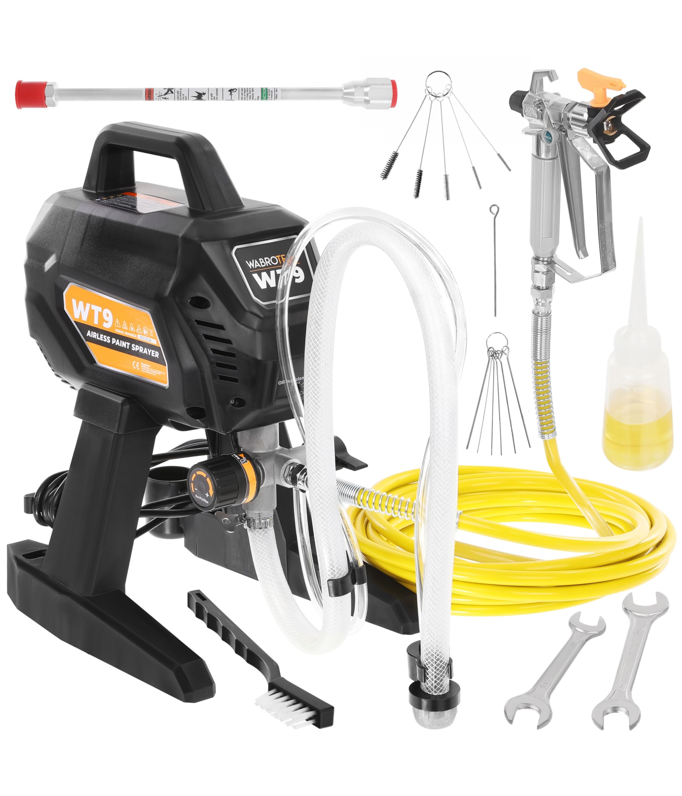 WT9 Farbsprühsystem Wandfarbe 700 W - 200 Bar Hochdruck Airless Farbsprühgerät - Airless Spritzgerät 1,5 L/min - Farbspritzgerät 10000 m2/J - Lackierpistole mit Schlauch 7,5 m - 1/4"