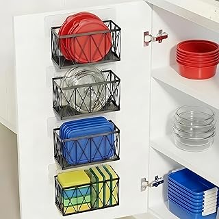 4 Pack Cabinet Door Organizer, Adhesive Inside Cabinet Door Storage for Kitchen Bathroom, Lid Organizer Compatible with Tupperware Pyrex, Wall Mounted Basket for Pantry Under Sink, Black