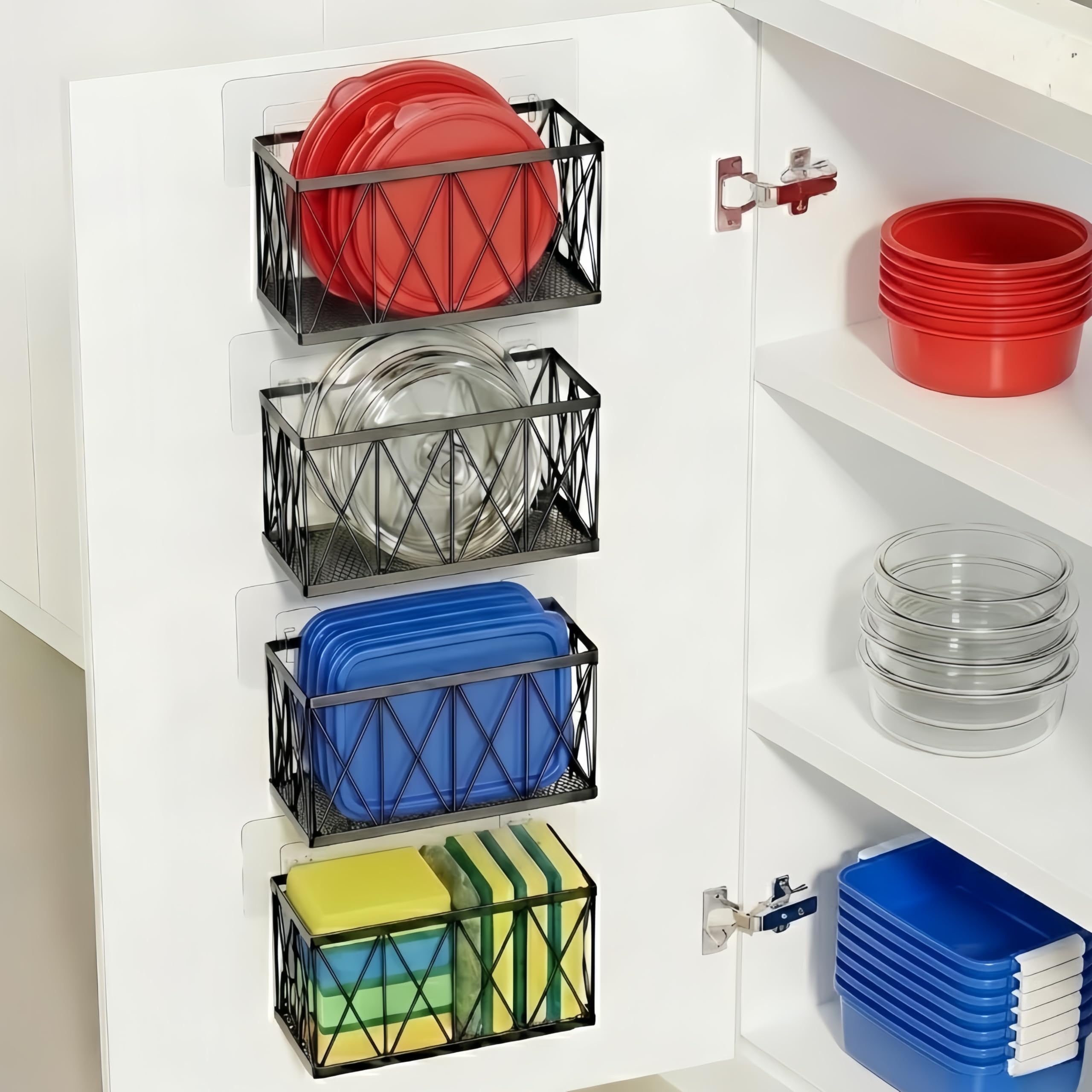 Photo 1 of MIXISAV 4 Pack Cabinet Door Organizer, Adhesive Inside Cabinet Door Storage for Kitchen Bathroom, Lid Organizer Compatible with Tupperware Pyrex, Wall Mounted Basket for Pantry Under Sink, Black