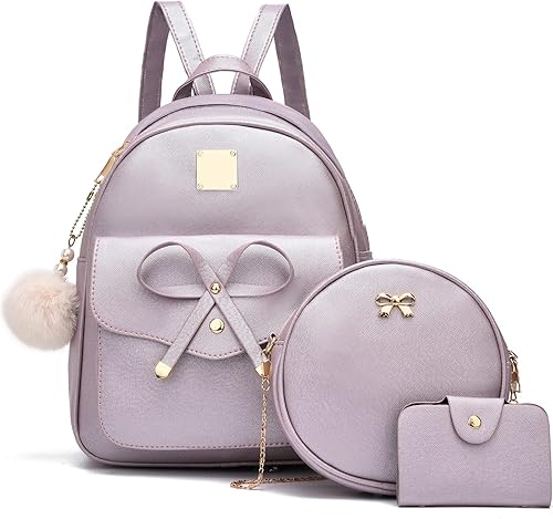 Mochila de piel para niñas, estilo Bowknot, 3 piezas de mochila, bolso y monedero a la moda, para mujer