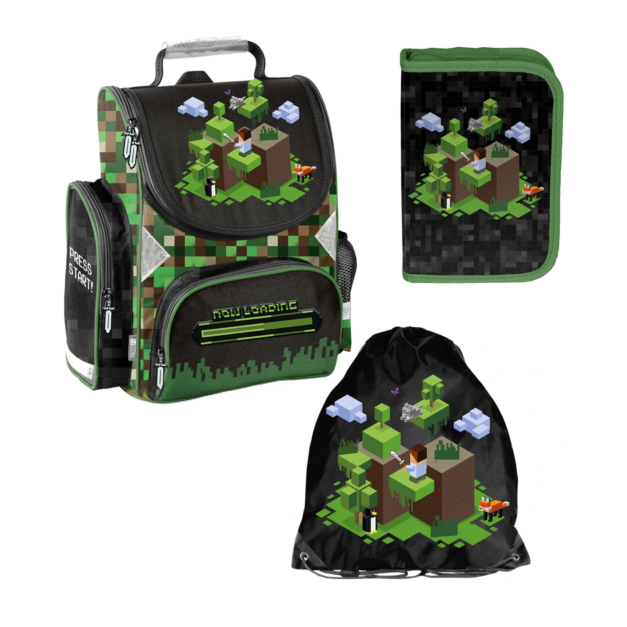 PASO- Schulranzen für Jungen und Mädchen, 4/6/8/15er-Set - Schul-Rucksack für Kinder mit Federmäppchen - Schuhbeutel und Hausaufgabenheft - Game Motiv- 1-3 Klasse