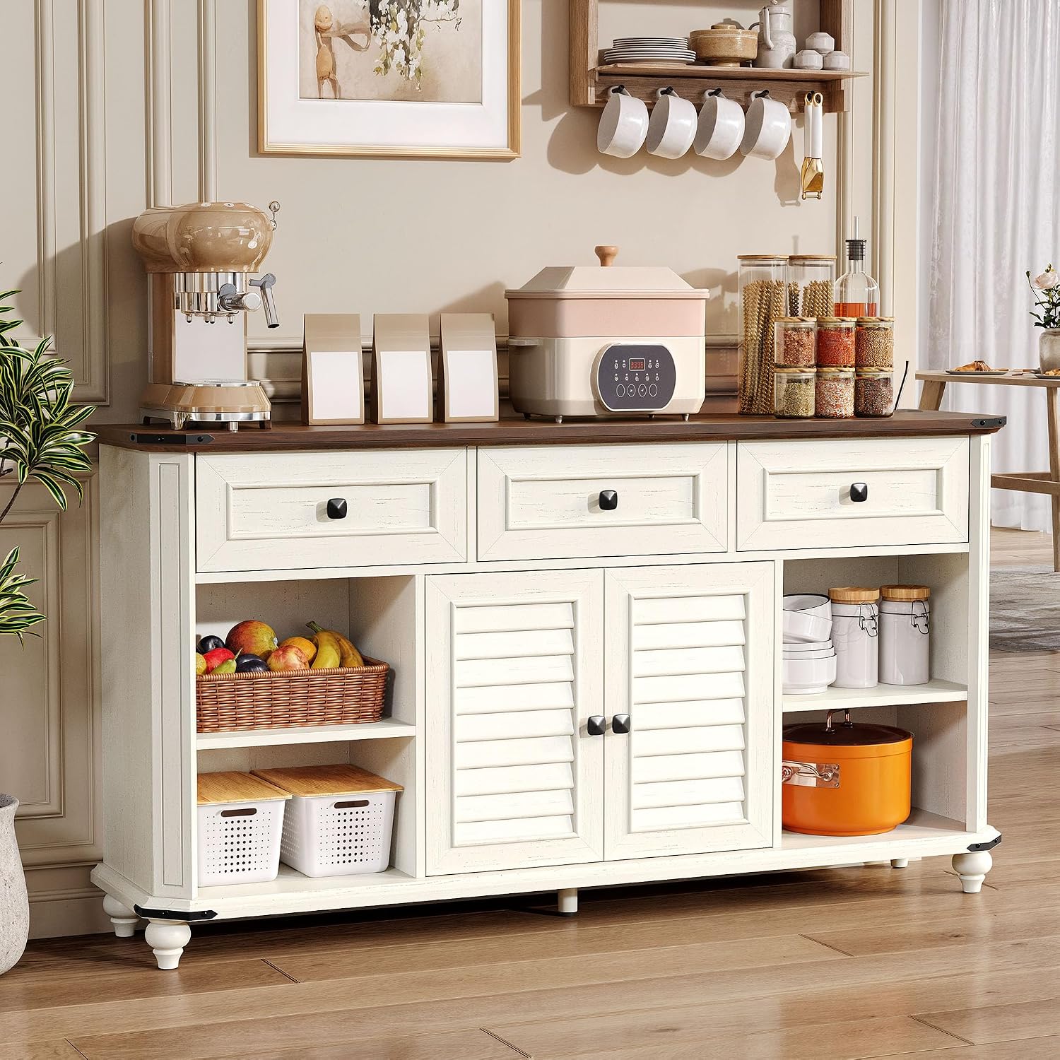 DWVO Farmhouse TV Stand for 65 Inch TV, 31.5" Tall Entertainment Center w/3 Drawers & Shutter Doors, Rustic Media Console Cabinet w/Storage Shelves, Wood Television Stand for Living Room, Rustic White