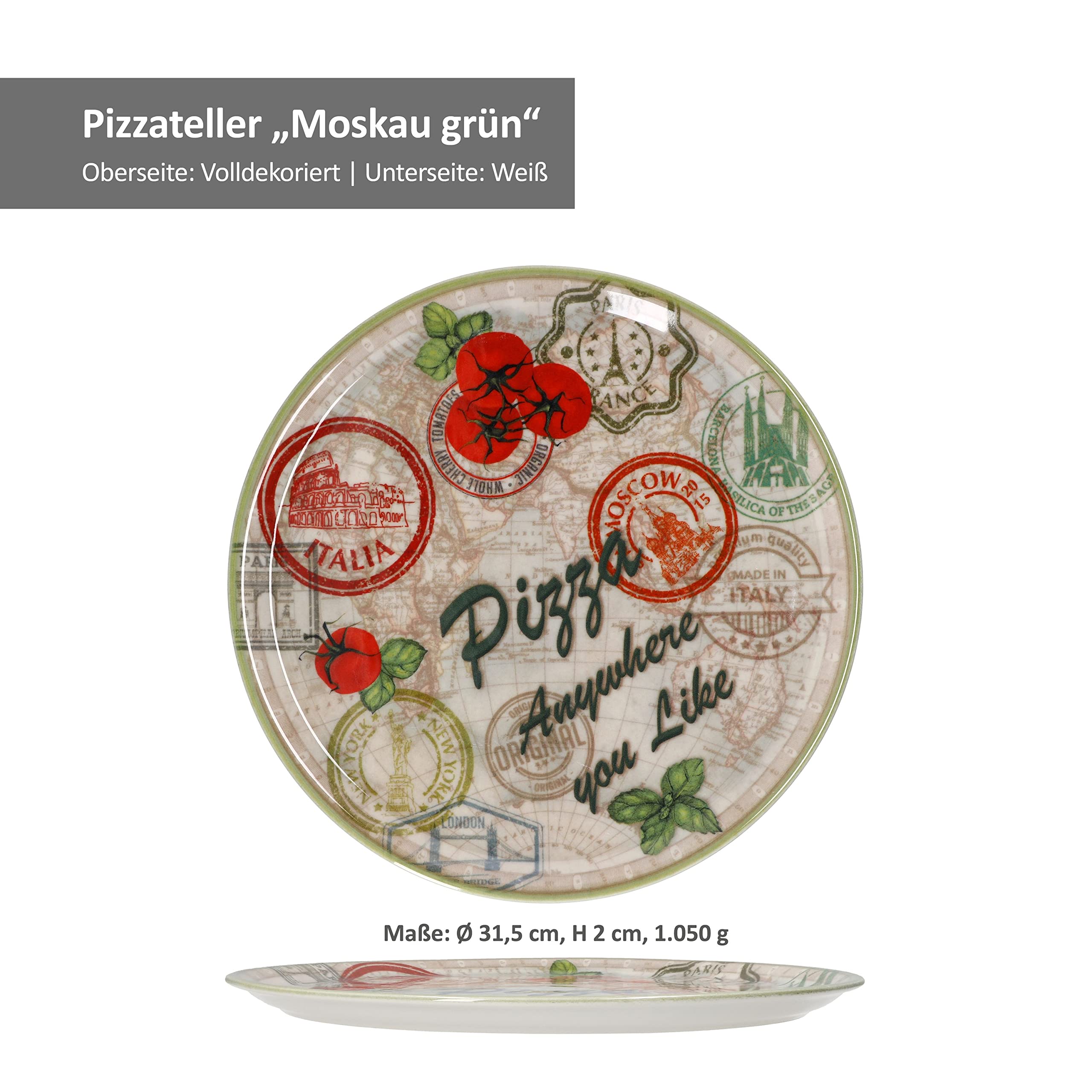 MamboCat Zestaw 6 talerzy do pizzy Moskwa zielone I Ø 31,5 cm - duże I 6 osób I talerze z motywami i napisem I zdobione I do pizzy lub do przygotowywania I porcelana I talerz do serwowania