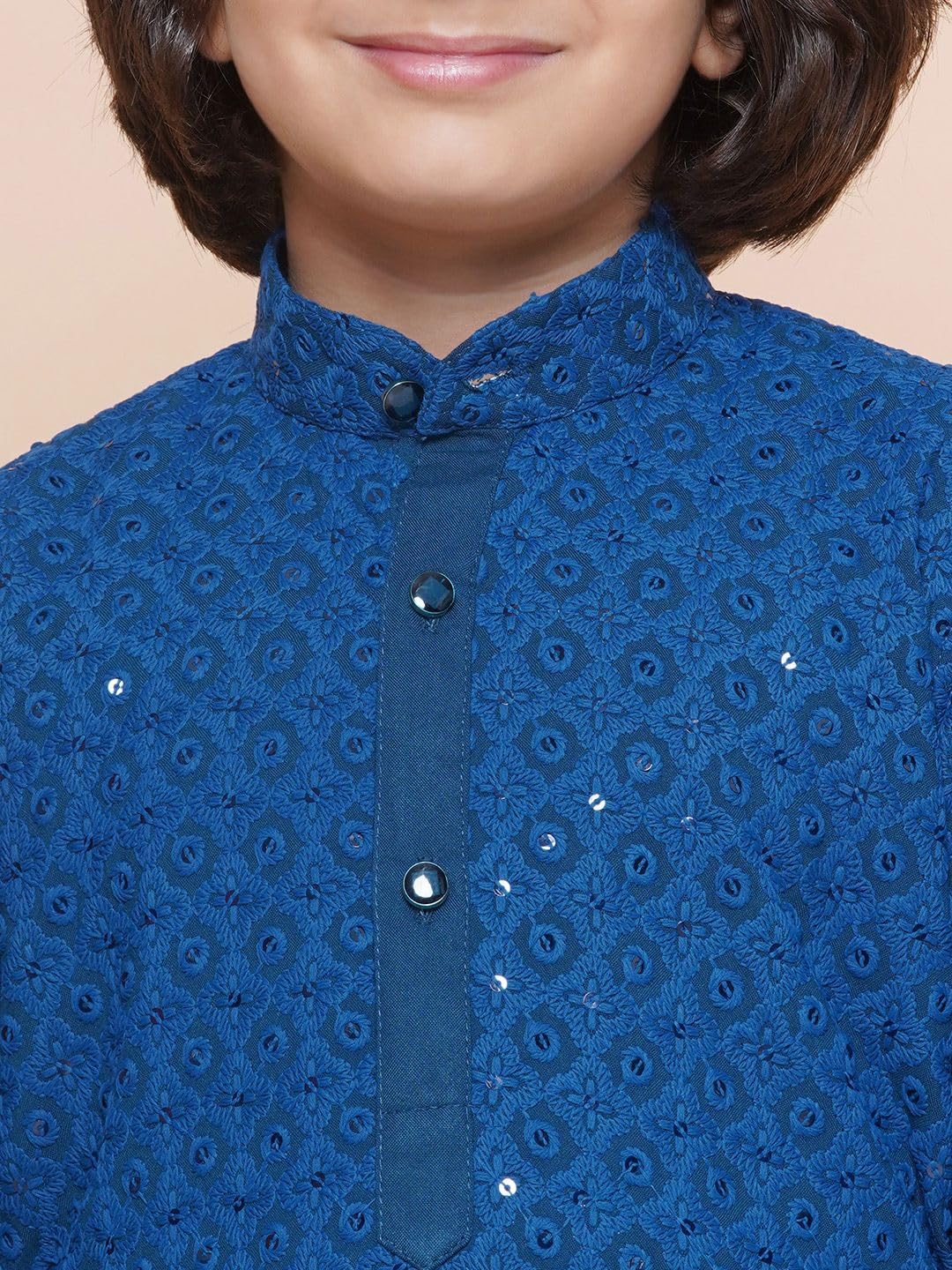 AJ DEZINES Chikankari Kurta For Boys- Ethnic Wear | Embroidery Chikankari Sequined | Traditional & Festive Outfit | Cotton Stylish Boys Kurta | Perfect For Wedding & Family Function-NAVY-BLUE-8 4