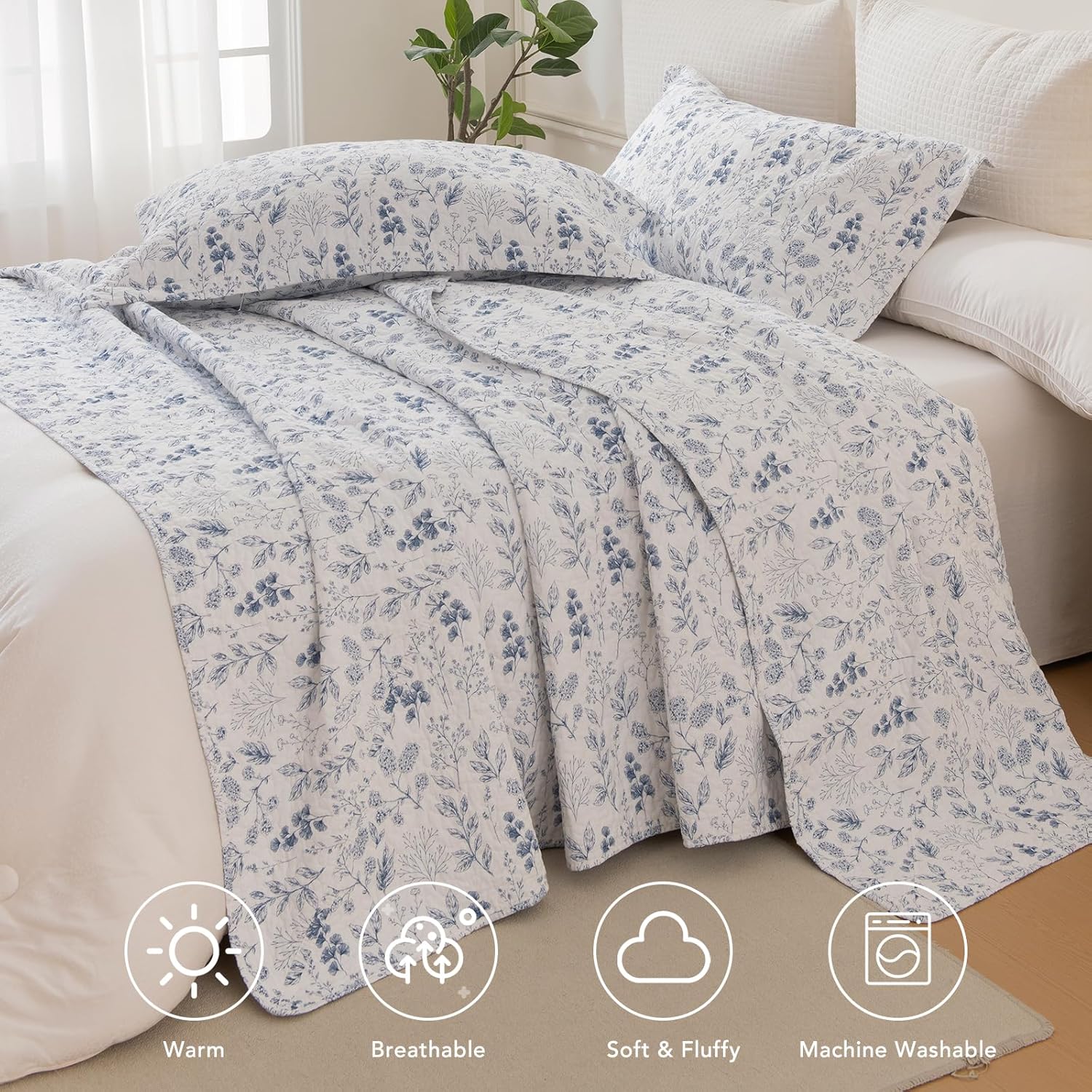 Lady Ann Oversized King Quilt Bedspreads 120x120, 3 Pcs Cotton Floral California King Size Quilt Bedding Set， Blue and White Floral & Leaves Pattern Plant Botanical Printed Quilted Coverlet Set