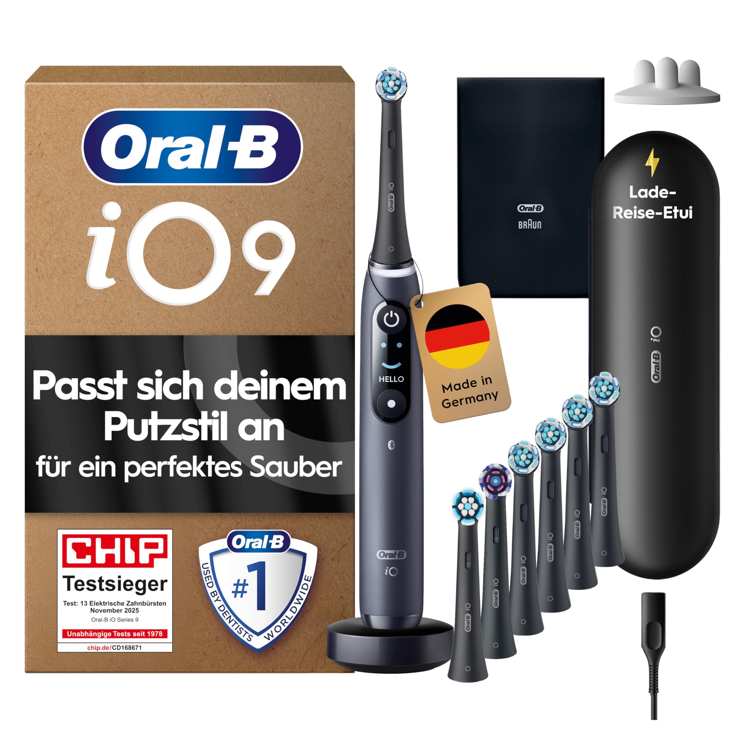 Oral-B iO Series 9 Elektrische Zahnbürste Schwarz PLUS Ausgewählte Original Oral-B iO Aufsteckbürsten Schwarz 7x