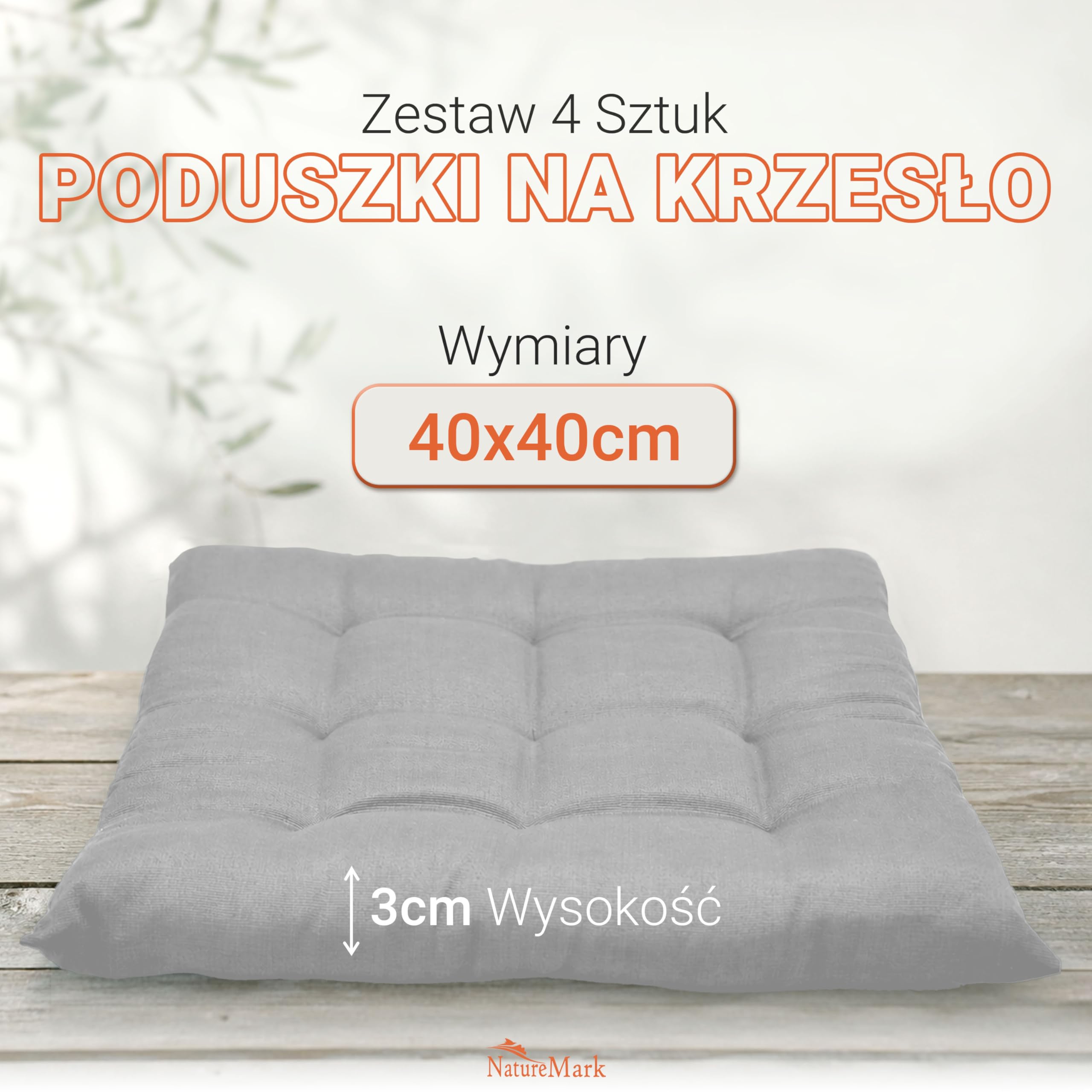 NatureMark Zestaw 4 Poduszek na Krzesła z Tasiemkami 40x40 cm – Poduszka do Siedzenia Wypełniona – Do Kuchni i Ogrodu – Kolor Srebrno-szara