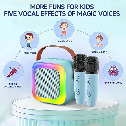 Miniatura 2 de Mini máquina de karaoke para niños, adolescentes y adultos, máquina de karaoke para niños con 2 micrófonos inalámbricos y luces LED, juguetes para