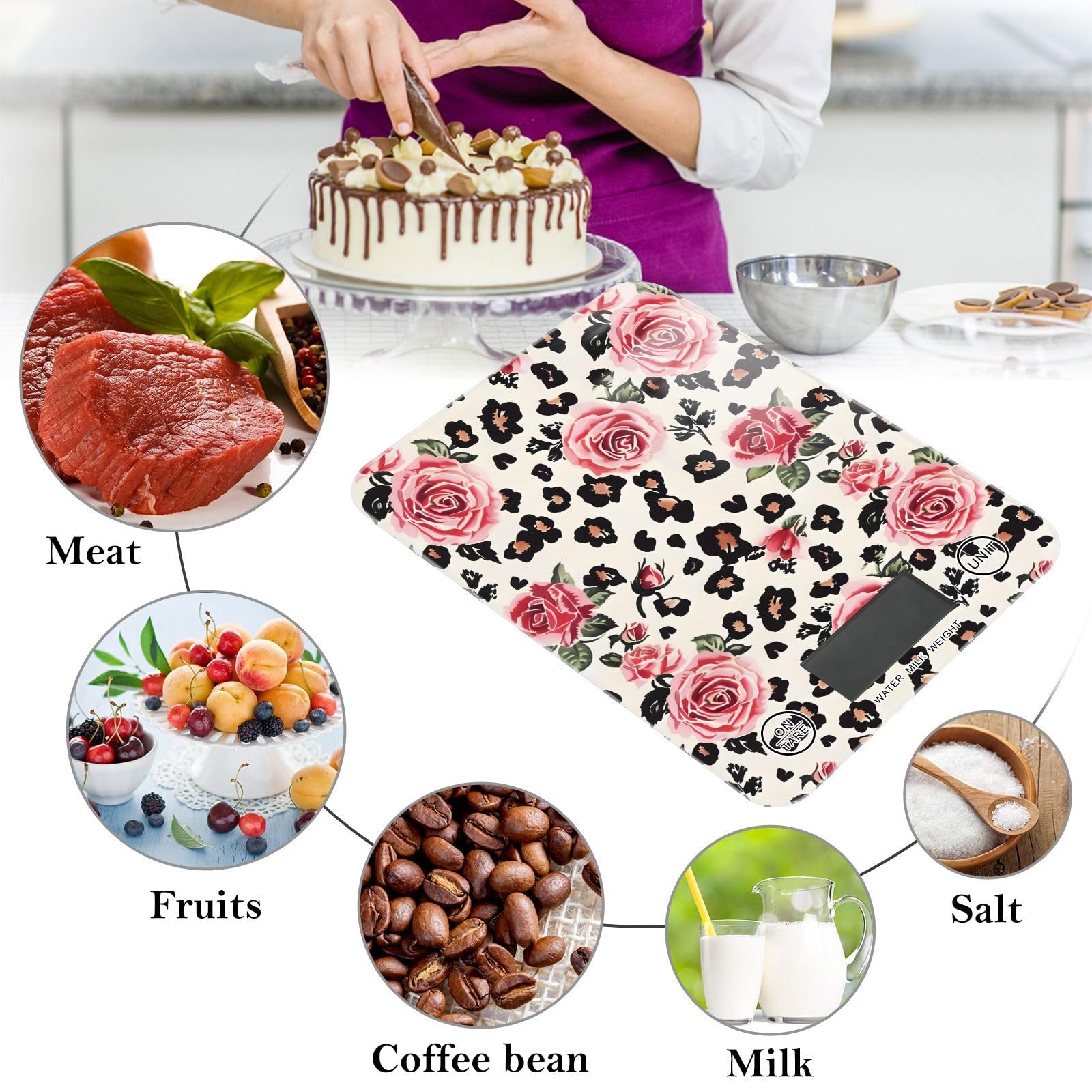 MNSRUU Food Kitchen Scale, Pink Roses on Leopard Digital Food Scale, Kitchen Scales Digital Weight Scale for Food Ounces and Grams