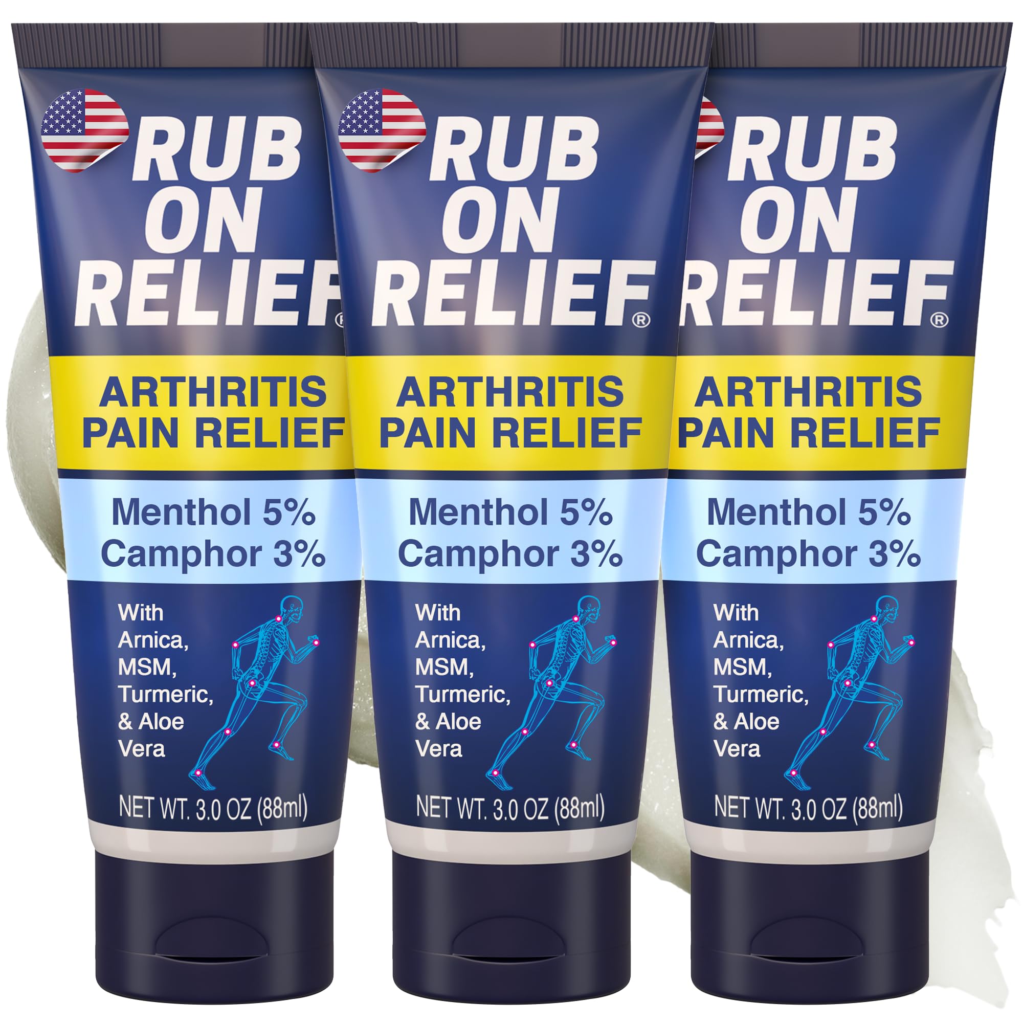 RUB ON RELIEF Topical Pain Relief Cream - Non-Greasy Joints Pain Cream for Knees, Shoulders & Back, Targeted Arthritis & Muscle Aches with Arnica, MSM, Turmeric, Aloe Vera, & Castor Oil- 3 oz (3 Pack)