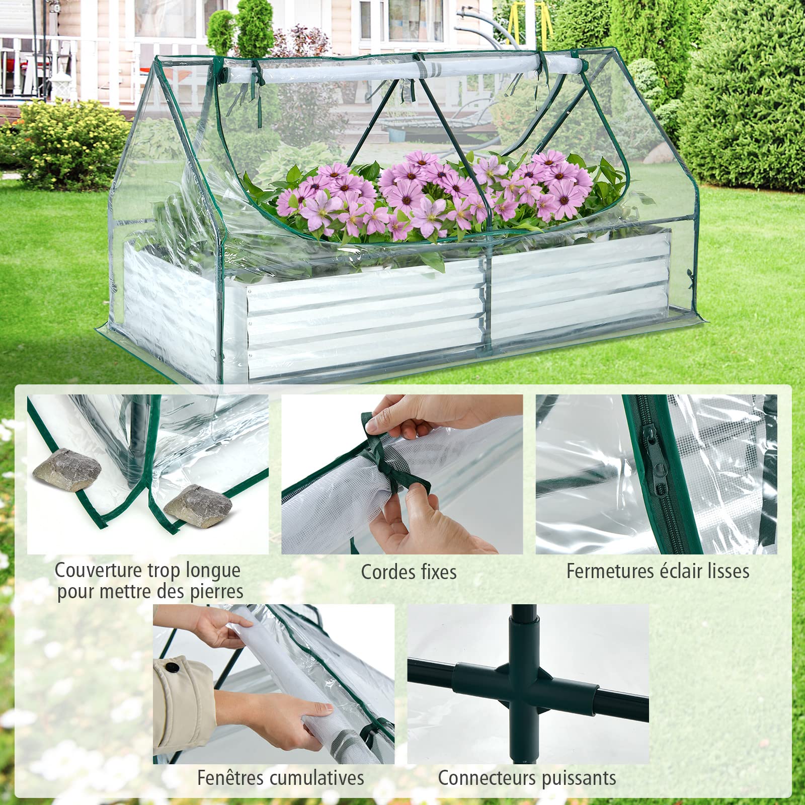 GOPLUS Jardinera elevada de Acero galvanizado con Cubierta de Mini Invernadero, Conjunto de Caja de Plantas al Aire Libre de Metal con Grandes Ventanas de Malla de Alambre