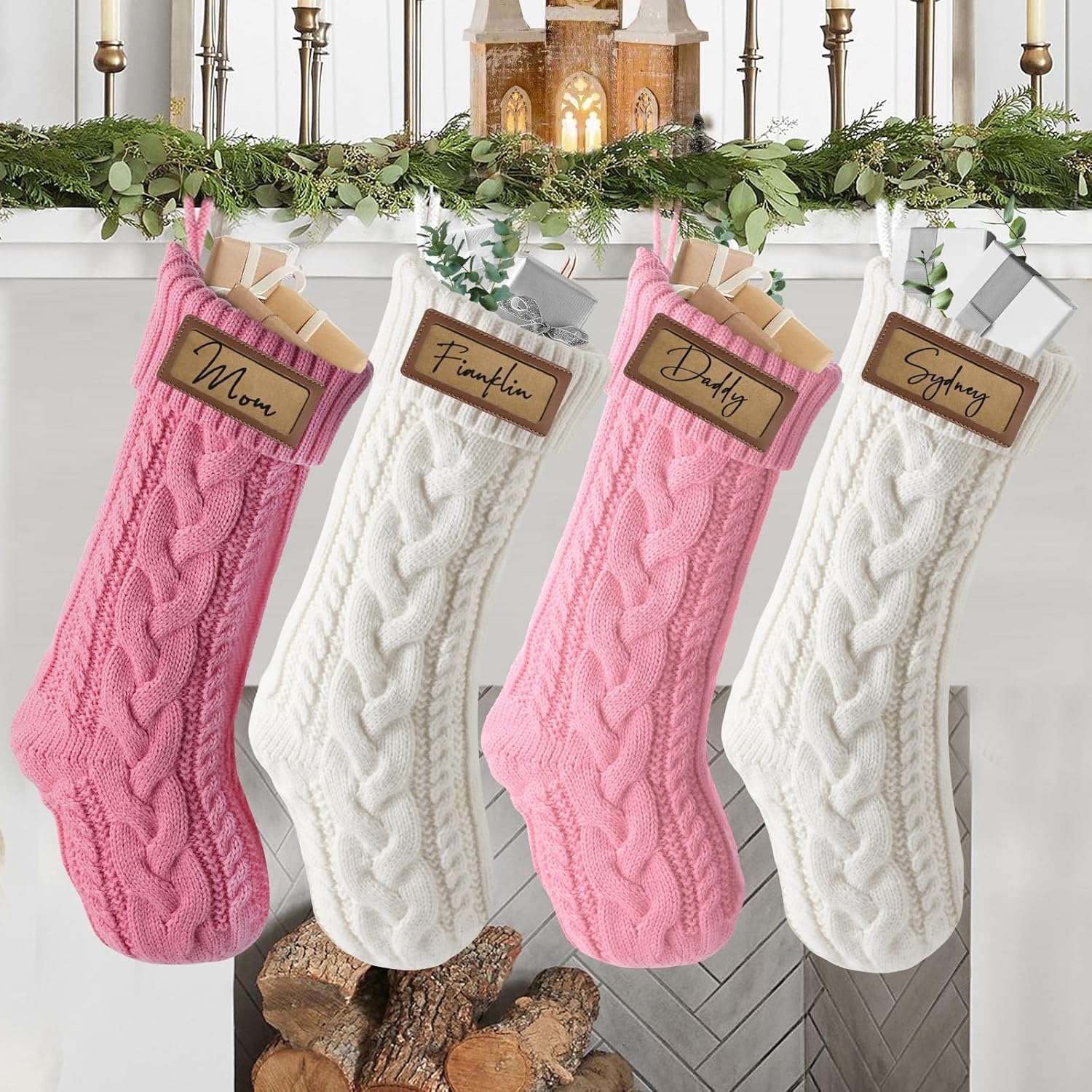 steo spce 4 pack personalized christmas stocking with leather patches custom name family christmas stockings, 18.5” large knitted xmas stockings for kids, holiday and fireplace party decoration pink
