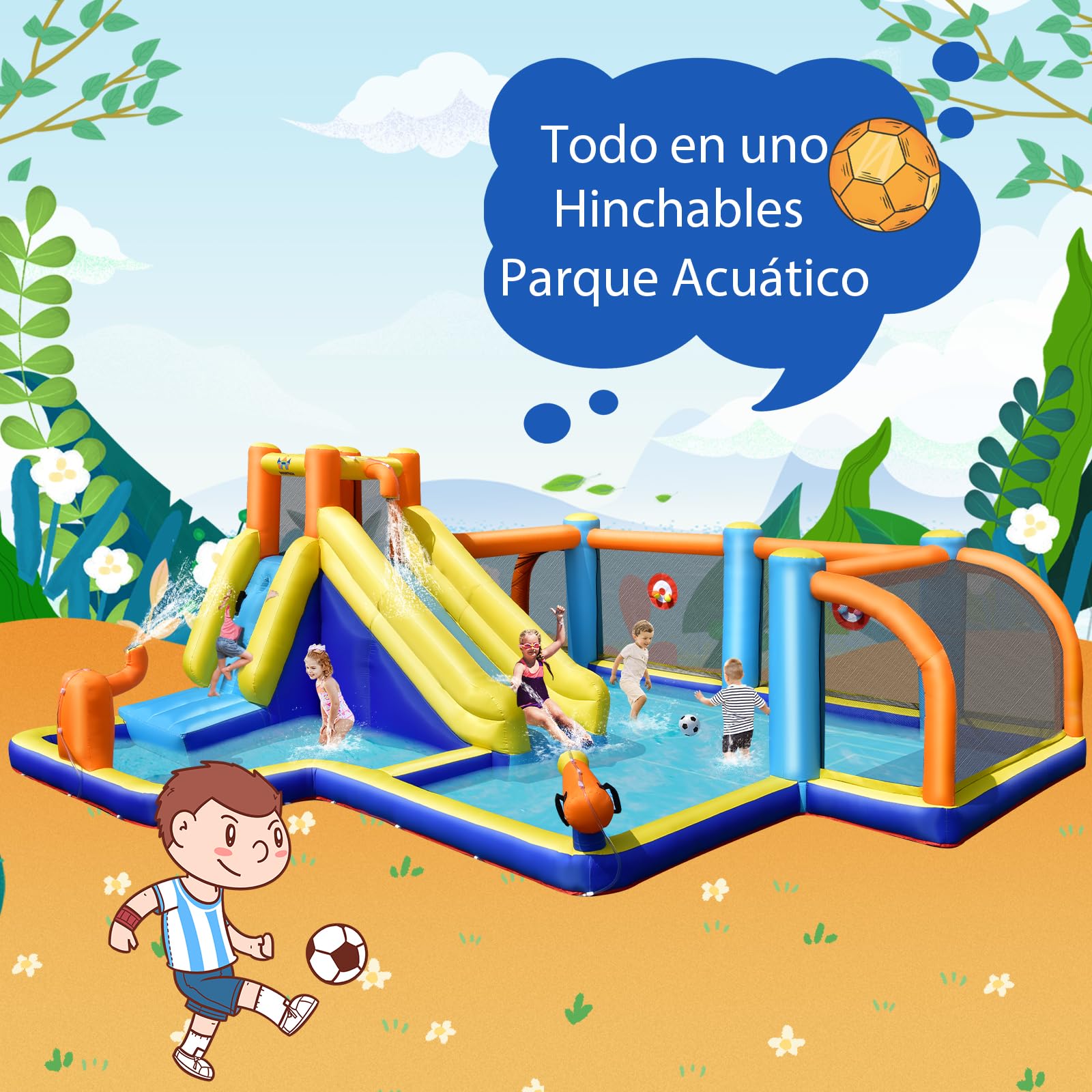 GOPLUS Castillo Hinchable Acuatico para Niños de 3-12 Años, Castillo Inflable Infantil Exterior, Cosido de Material Extra Rueso, Tobogán Acuatico, Pared de Escalada, Piscina, Zona Fútbol, Soplador