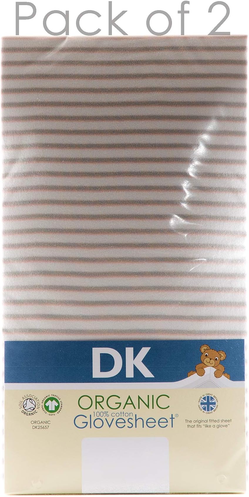 Pack of 2, 100% Organic Cotton, 83x50cm Fitted Sheets. DK Glovesheets. Bedside Crib Size, to fit Next2Me*, Lullago*, and Similar Sized mattreses. Limited Editions (Pink Grey White Stripe)