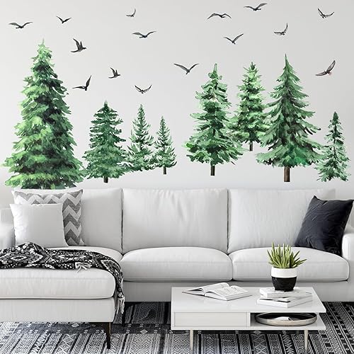 Miniatura 3 de Qilery Calcomanías de pared de pino en acuarela para pared de árbol grande, calcomanías de pared de bosque, ramas de bosque, pájaros y ramas de