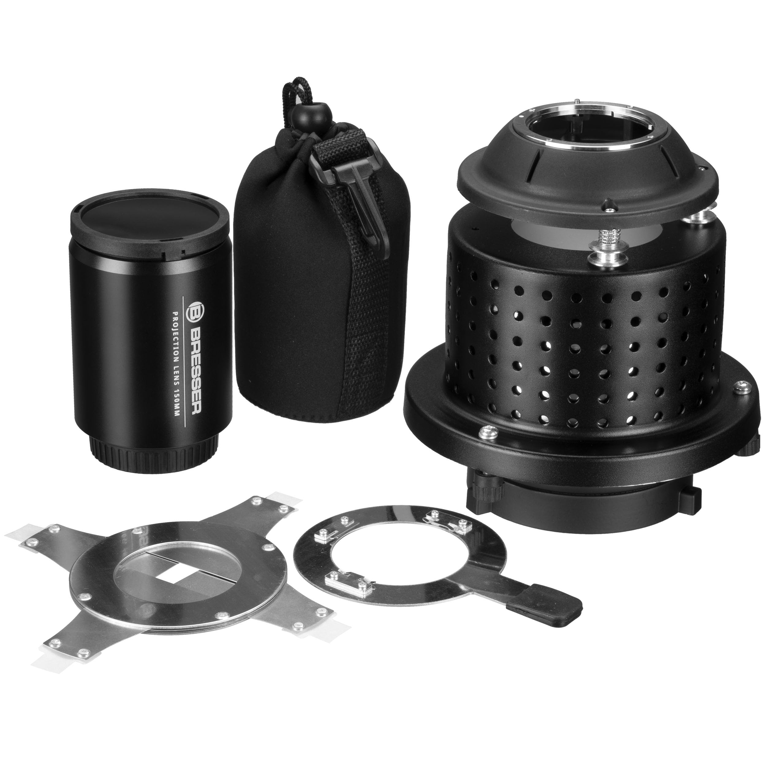 Bresser Optischer Snoot mit 150mm EF-Mount Objektiv, Bowens S-Bajonett, verstellbare Blätter, Farbfilter, Gobos, Fotografie, Videografie