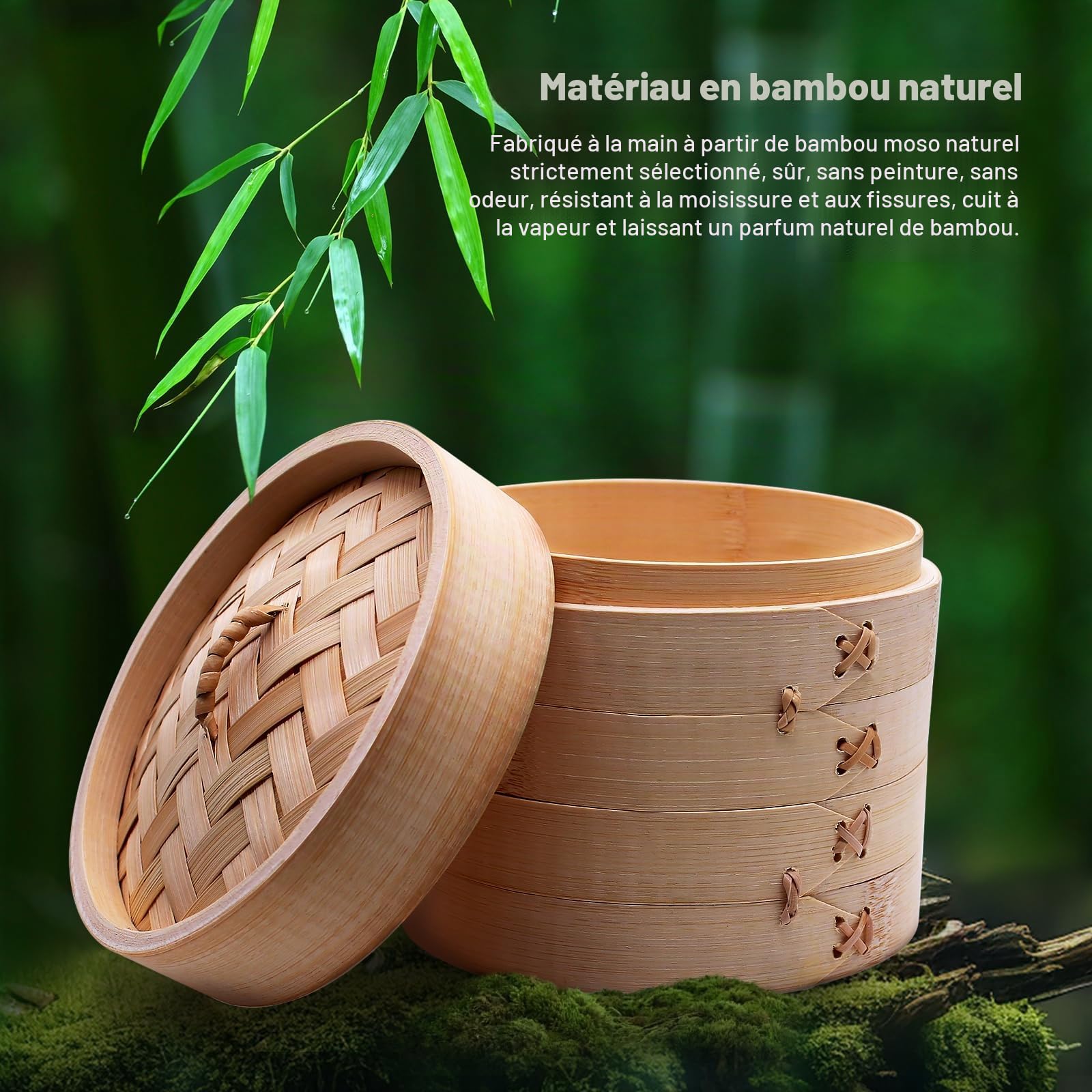 Cuiseur Vapeur en Bambou - 2 Étages Avec Couvercle - 15 cm - Panier Avec 2 Tapis de Cuisson en Silicone - Pour Boulettes, Riz, Dim Sum, Légumes, Viande (S)