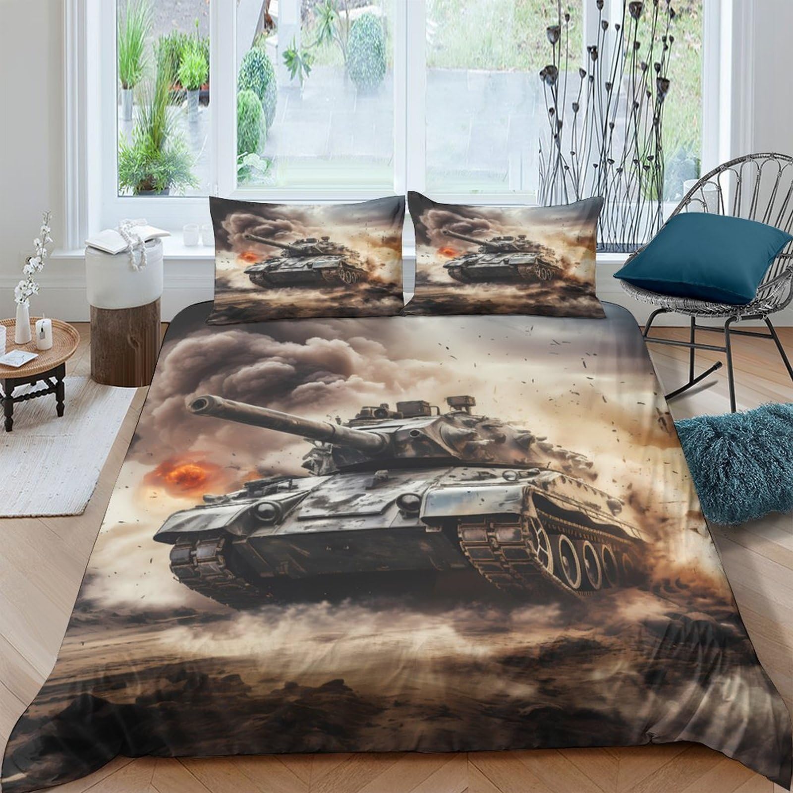 Ctjqhvkz Style-3 3D Printed Battle Tank Fitted Sheet Microfiber Soft Non-Slip War Scene Bed Cover For Bedroom Dorm Mattress Decor Single（135X200cm）